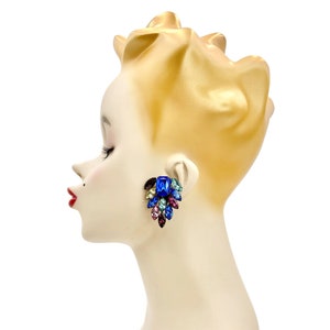 Vintage THELMA DEUTSCH Earrings Clipon Earrings Gunmetal Glass Rhinestone Earrings 1990s Runway Signed Highend Luxury MASSIVE Multi Colored