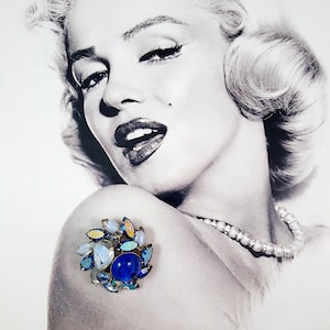 Vintage Dome Brooch Blue Brooch Something Blue Brooch Wedding Brooch Mid Century Gifts For Her GORGEOUS Givre Glass AB Scalloped Rhinestones