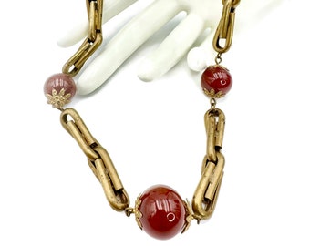 Vintage Art Deco Necklace Czech Necklace Czechoslovakia Machine Age Brass Carnelian Glass Bead Statement Necklace Fabulous Classic Timeless
