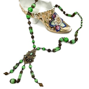 Vintage Art Deco Necklace Mottle  GLASS Necklace CZECH Necklace Jadiete Colored Glass Necklace Green Glass For Her Flapper Like Peking Glass