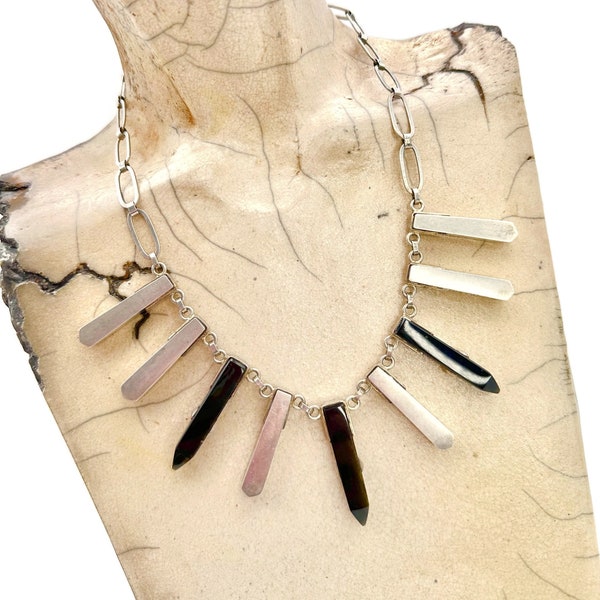 Vintage Sterling Silver Necklace FRED DAVIS Necklace Mexico Sterling Mexican Art Glass 1940s Signed Tested Hand Made Unique Spikes Statement