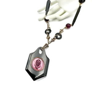Vintage Art Deco Necklace Sphinx Paraoh Necklace Vauxhall Mirror Amethyst Glass Double Sided Pendant Necklace Blown Glass Beads Statement