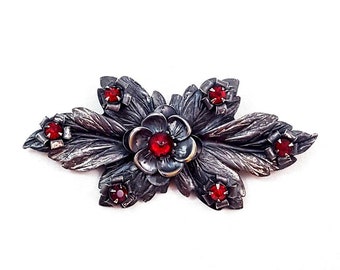 Vintage CZECH Brooch Czech Rhinestone Brooch Czech Glass Rhinestone Red Rhinestones Czech Filigree Brooch Czech Leaf Brooch Garnet Colored