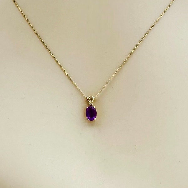 Vintage 14k Gold Necklace Amethyst Diamond Pendant Necklace Charm Necklace Chain Sturdy Stack Layer Gift Durable Yellow Gold Hallmark W / S