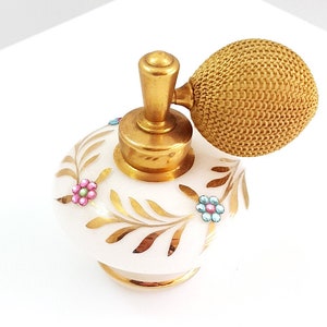 Vintage Perfume Bottle Atomizer Rhinestones White Pastel Gold Gilt Collectible Vanity Gifts For Her Gorgeous Glass Girly Shabby Chic