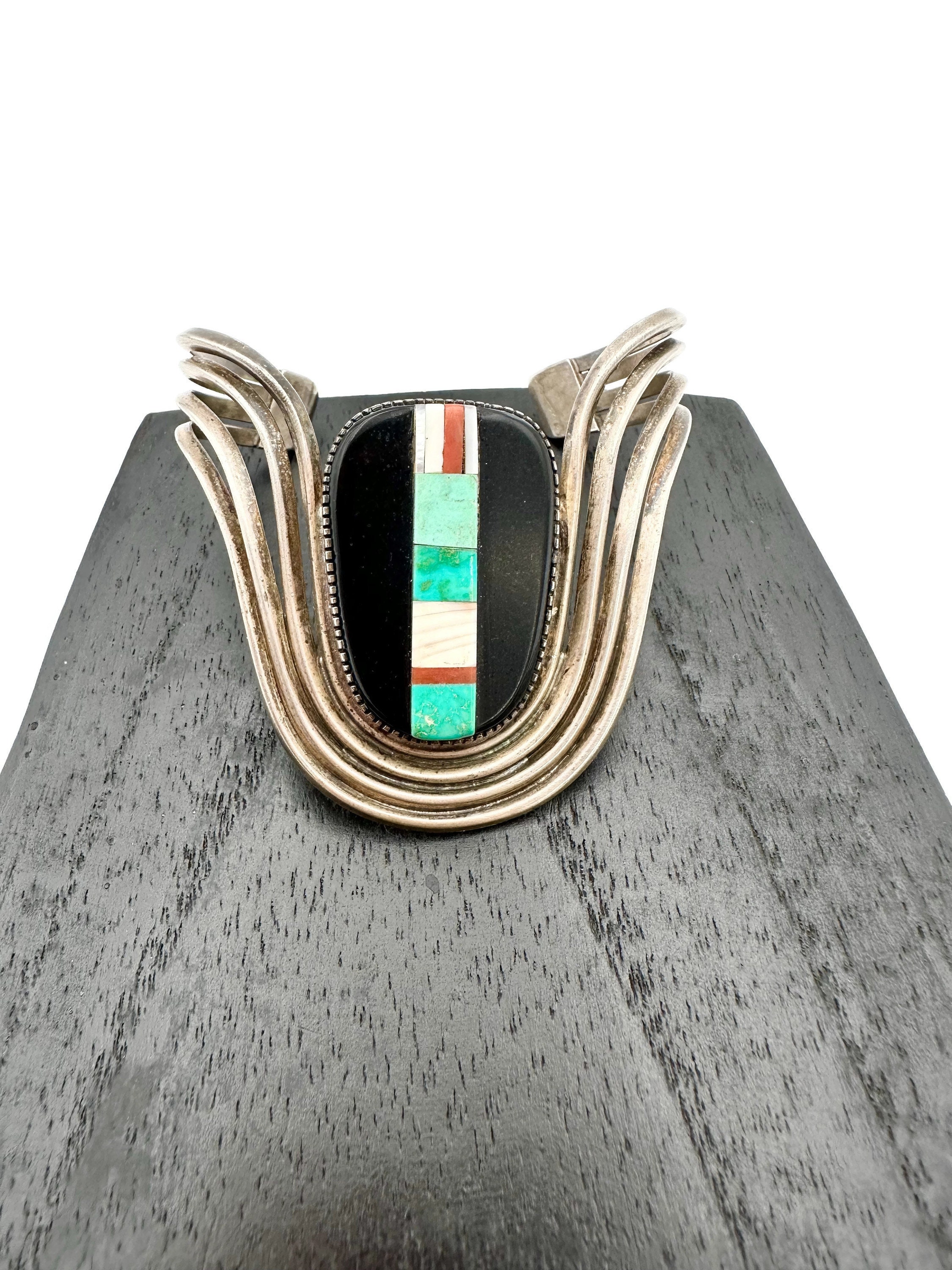 Vintage TURQUOISE Cuff Sterling Silver Cuff Inlaid Native Cuff Old Pawn ...