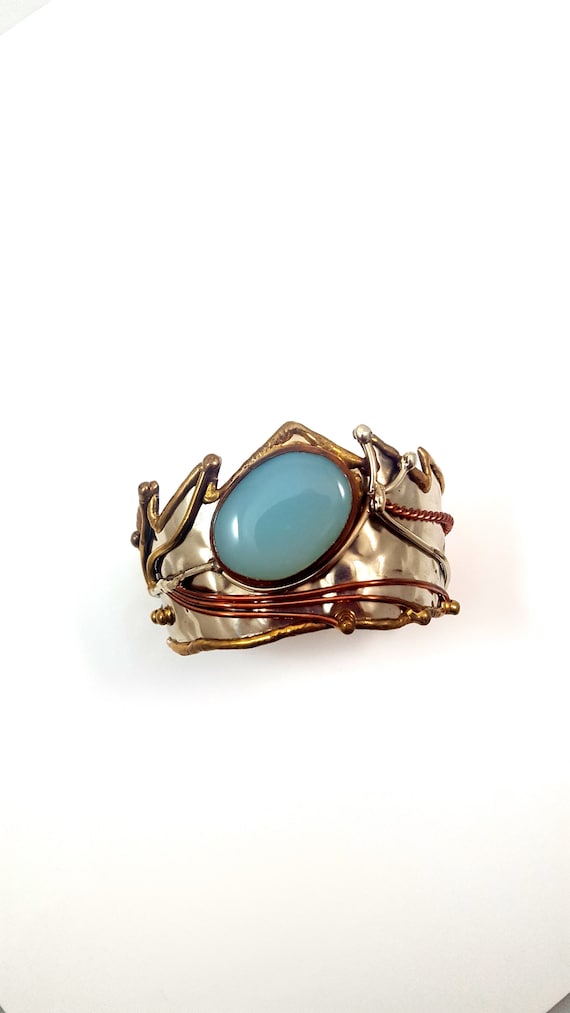 Vintage BRUTALIST Cuff Chalcedony Blue MASSIVE Cuf