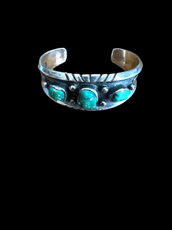 Vintage Green TURQUOISE Cuff Turquoise Sterling S… - image 5