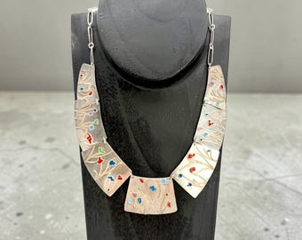 Vintage Sterling Silver Necklace Flower Floral Enamel Artisan Modernist Signed M Cutler Panel Paperclip Chain Adjustable