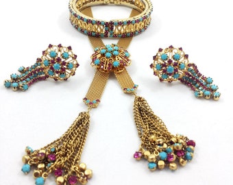 Vintage HATTIE CARNEGIE Necklace Clip Earrings Bracelet Parure Rhinestones Turquoise Ruby Pink Tassel Lariat  SCARCE Made by Juliana D & E