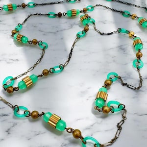 Vintage Art Deco Necklace Green Molded Glass Necklace CZECH Necklace Jadiete Colored Glass Necklace Green Glass Gift Flapper Uranium Glow