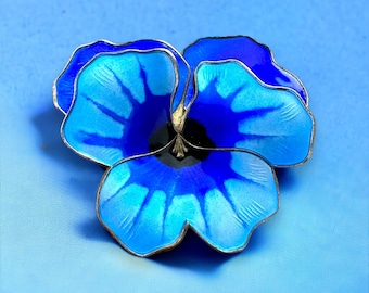 Vintage DAVID ANDERSEN Brooch Blue Enamel Sterling Silver Brooch Norway Brooch Massive Brooch Statement Brooch Pansy Flower Brooch Turquoise