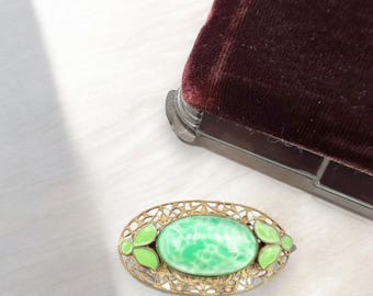Vintage Brooch ART DECO Brooch Peking Glass Brooch Green Enamel Brooch Possibly Neiger Brothers Possibly Czech Gold Gilt Brass Romantic Gift