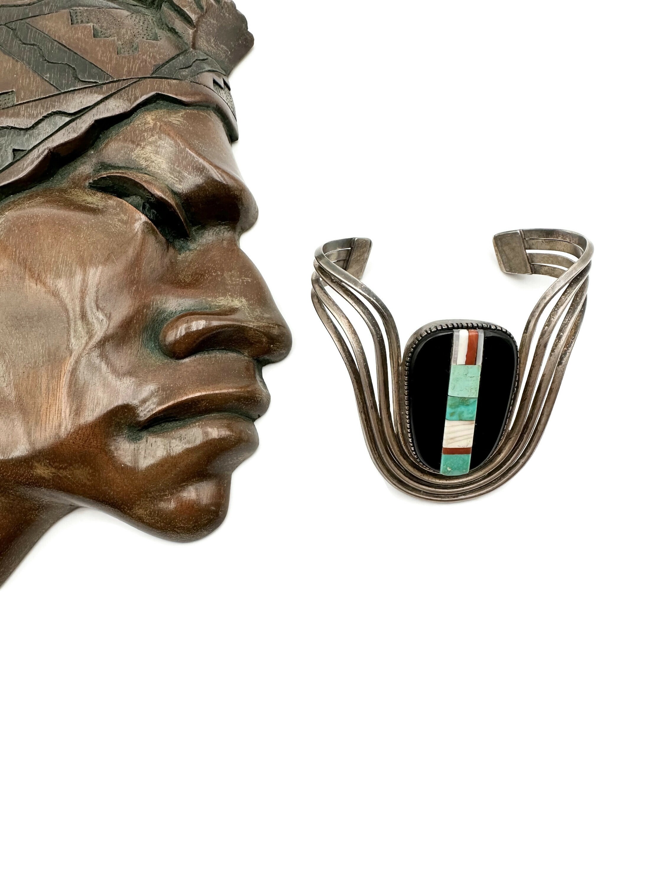 Vintage TURQUOISE Cuff Sterling Silver Cuff Inlaid Native Cuff Old Pawn ...