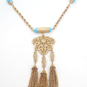 Vintage ACCESSOCRAFT NYC Necklace Turquoise Art Glass Tassel Pendant Massive Ultra RARE