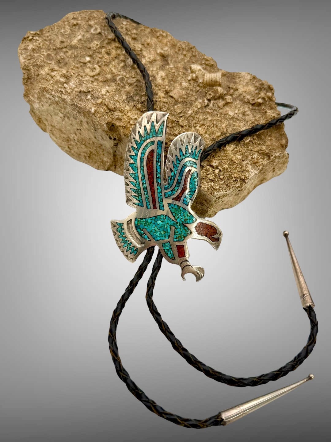 Vintage Bolo Tie Native American Sterling Silver Crushed Turquoise ...