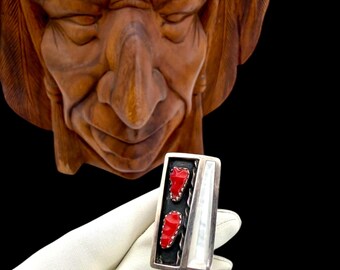 Vintage Native American Ring Sterling Silver Red Mediterranean Coral White Mother Of Pearl Florentine Panteah Zuni Signed Long Statement