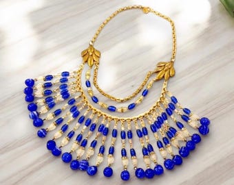 Vintage Miriam Haskell Necklace INDIGO Art Glass Bib Necklace Collar Necklace Blue a MASSIVE RARITY