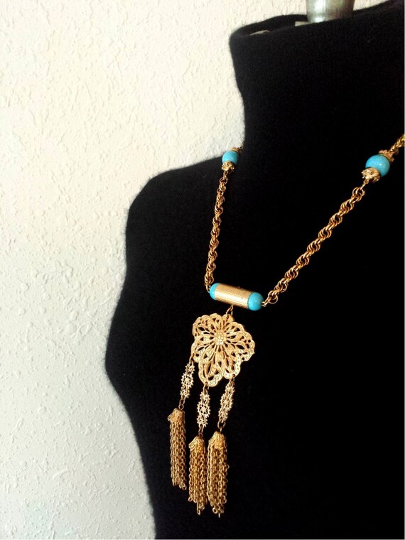 Vintage ACCESSOCRAFT NYC Necklace Turquoise Art Glass Tassel
