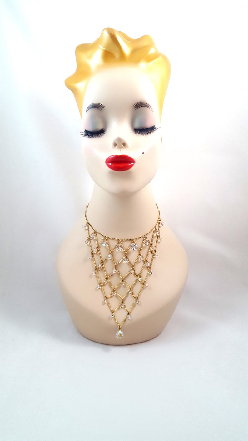 Vintage MONET Necklace Monet Bib Necklace Festoon Necklace Bold Gold Bride Bridal Haute Couture Sexy Rare Necklace AB Crystals Beach Pool image 5