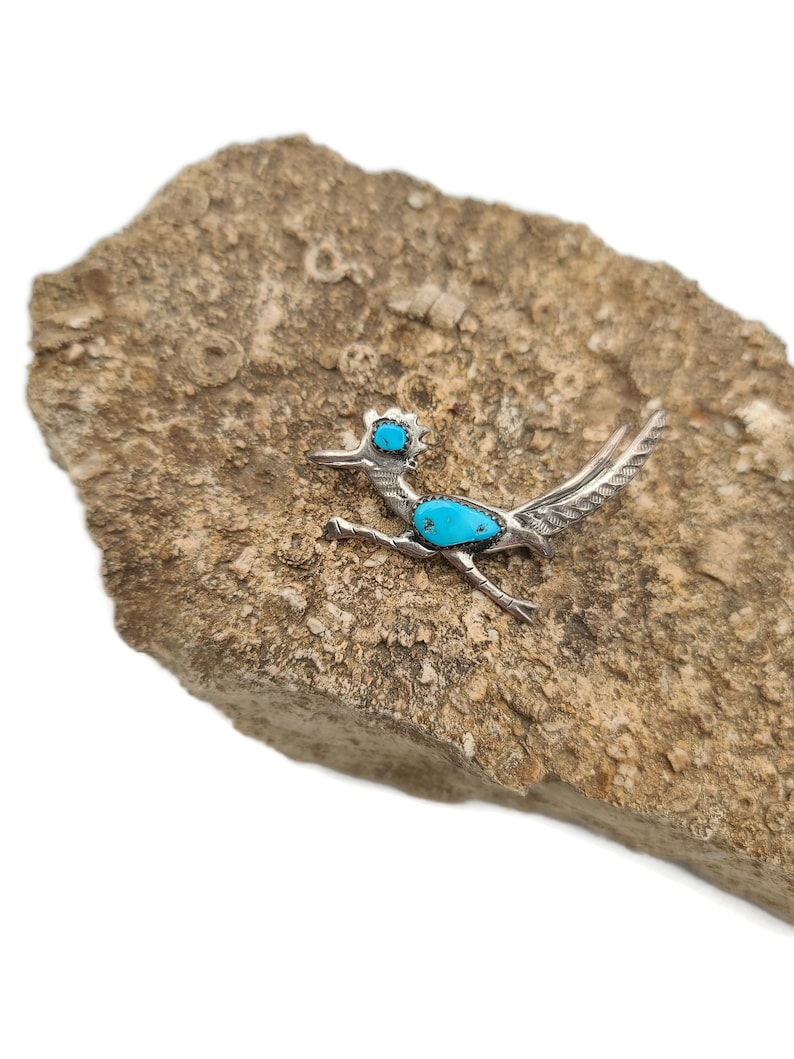 Vintage Sterling Silver Roadrunner Brooch Pin TURQUOISE Southwest Native Indian Turquoise Sterling Bird Trending Rare