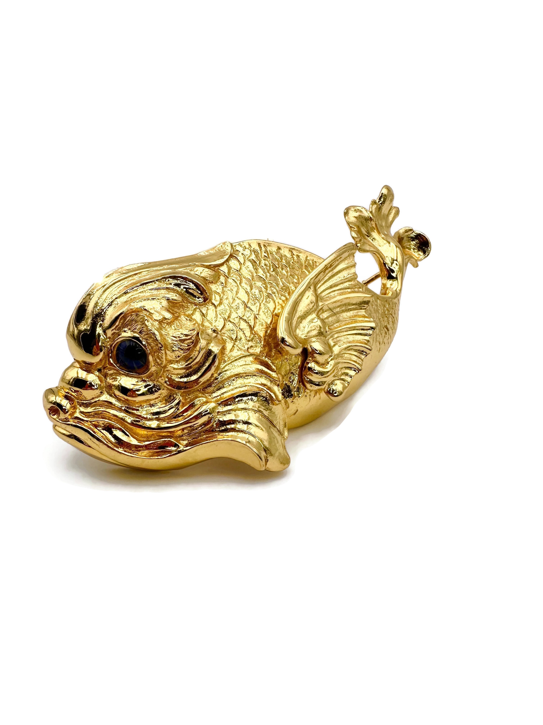 Vintage Christopher Ross 1985 Silver Fish Belt Buckle Blue Eye Signed Art Deco Christopher Ross Haute Couture 24kt Gold Plate Glass Eye  main image 2