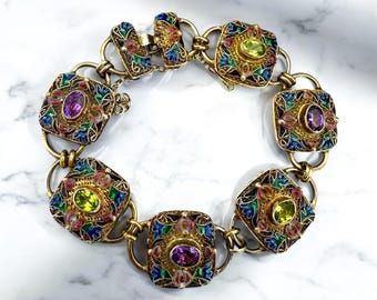 Vintage Chinese Export Bracelet Gold Over Sterling Silver Bracelet Enamel Bracelet Flower Peridot Amethyst Spring Easter Safety Chain Gift