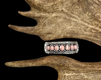 Vintage Rhodochrosite Cuff Sterling Silver Cuff BBJ Cuff Pink Girlie Gift Spring Easter Stack Layer Southwest Southwestern Rodeo Large Wrist