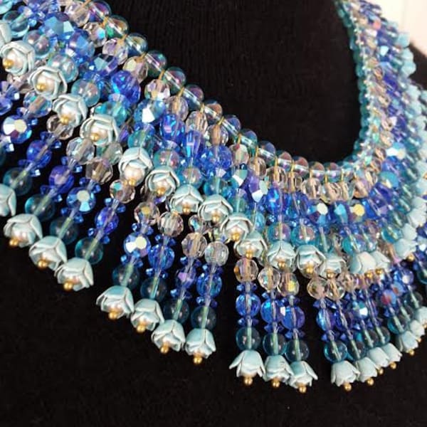 Vintage Eugene Necklace Signed Bib Collar Bold 2 Strand AB Glass Crystal Beads Enamel Work Haute Couture HOLLYWOOD REGENCY