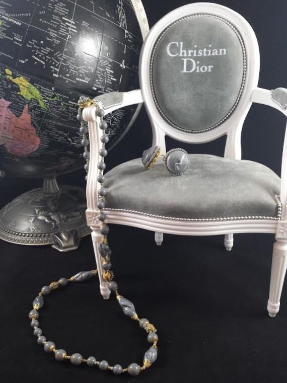 Vintage Miriam Haskell Necklace & Earrings Demi Parure Grey Art Glass Gold Tone Signed Grey Gold A FABULOUS RARITY View 2
