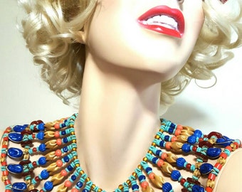 Vintage Miriam Haskell Necklace Signed Egyptian Bib Collar Larry Vrba Era Massive 15 Layers Haute Couture POSSIBLY OOAK EXCELLENT