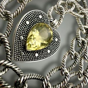 Vintage Heart Necklace Sterling Silver Necklace Yellow Citrine Sterling Massive Designer Signed Necklace Heavy Gift Valentine Love Heart
