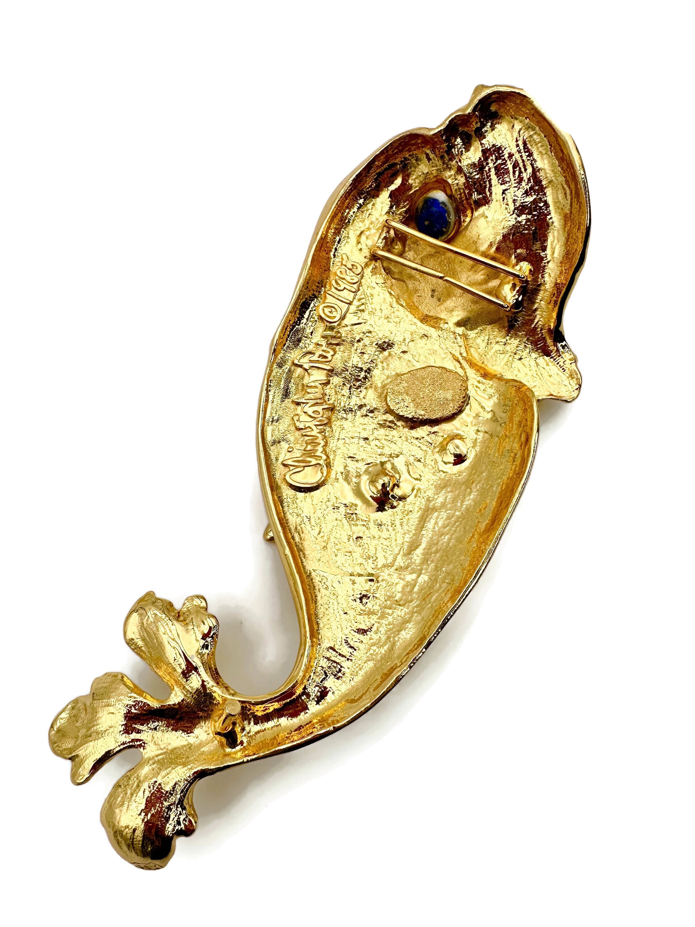 Vintage 1978 Christopher Ross Gold Plated Fish Belt Buckle Vintage Belt Buckle CHRISTOPHER ROSS Fish 1985 Blue Glass  main image 3