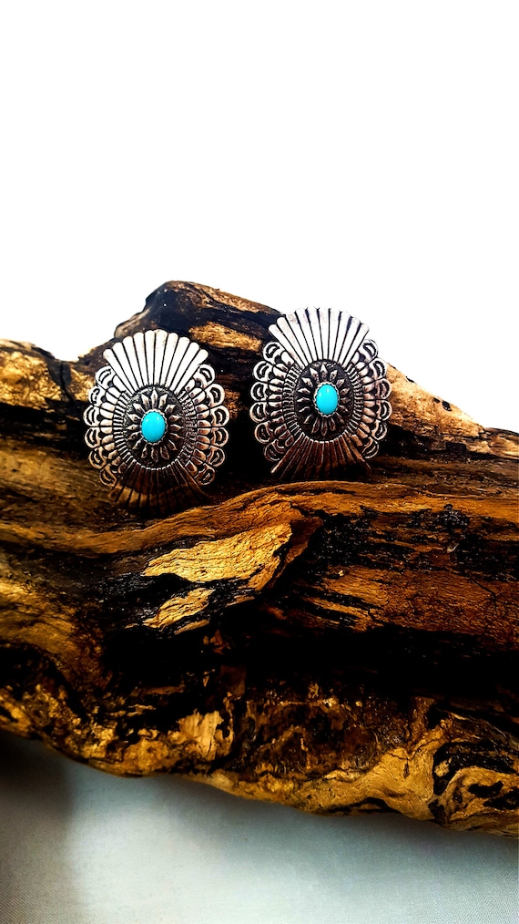 Vintage TURQUOISE Earrings Concho Sterling Silver 