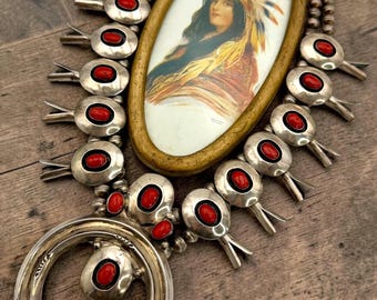 Vintage Native American Necklace Sterling Silver Navajo Pearl Beads Red Mediterranean Coral Squash Bloosom Shadowbox Tim Kee Whitman TKW