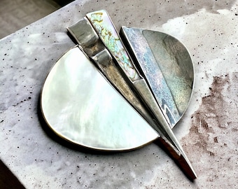 Vintage Sterling Silver Brooch Artisan Brooch Massive Brooch Statement Brooch Modernist Abalone Mother of Pearl European Polish Unisex Gift