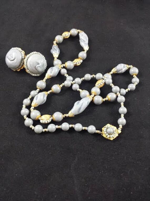 Vintage Miriam Haskell Necklace & Earrings Demi Parure Grey Art Glass Gold Tone Signed Grey Gold A FABULOUS RARITY View 4