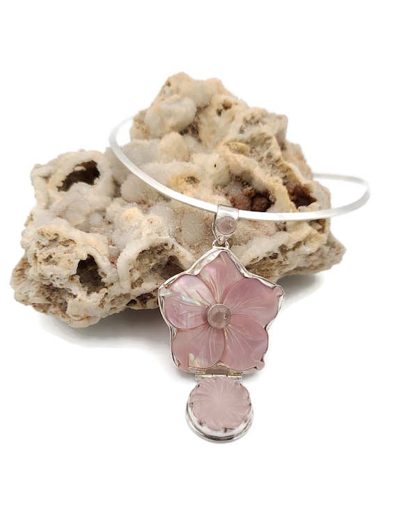 Vintage Pink Mother of Pearl Rose Quartz Sterling… - image 1