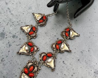 Vintage Native American Necklace Sterling Silver Navajo Adjustable Orange Red Mediterranean Coral Shark Tooth Teeth GT Griffin Tsabetsaye