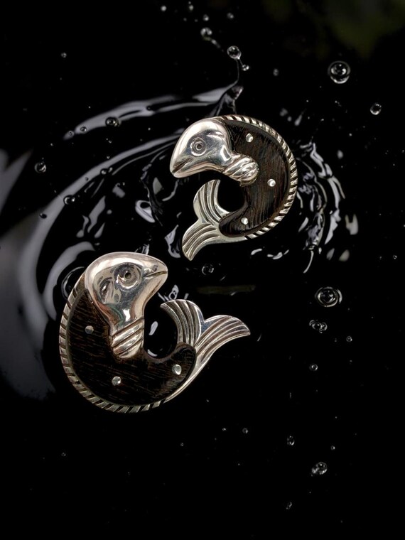 Vintage Taxco Earrings Sterling Silver Rosewood William Spratling Fish Pisces Infamous Reproductions
