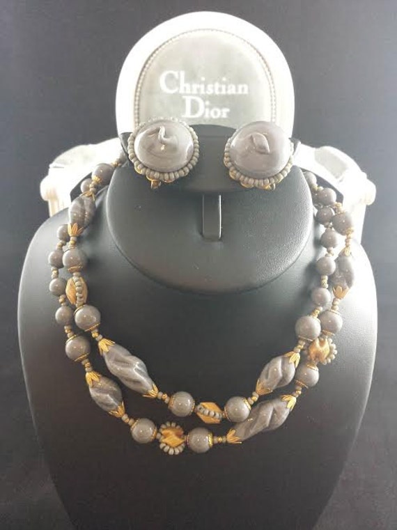 Vintage Miriam Haskell Necklace & Earrings Demi Parure Grey Art Glass Gold Tone Signed Grey Gold A FABULOUS RARITY View 5