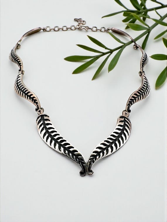Vintage Sterling Silver Necklace Maria Belen Nilson Mexico Silver Necklace Leaf Leaves Feather Feathers Designer Gift Mexican Signed
