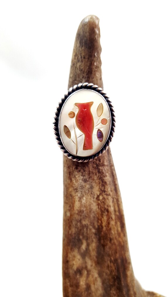 Vintage Sterling Silver Ring Native Ring Coral Bi… - image 2