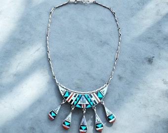 Vintage Zuni Necklace Native American Sterling Silver Inlaid