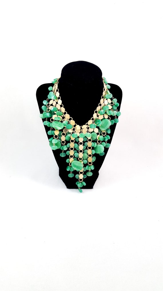 Vintage Bib Necklace Green Glass Necklace Collar N