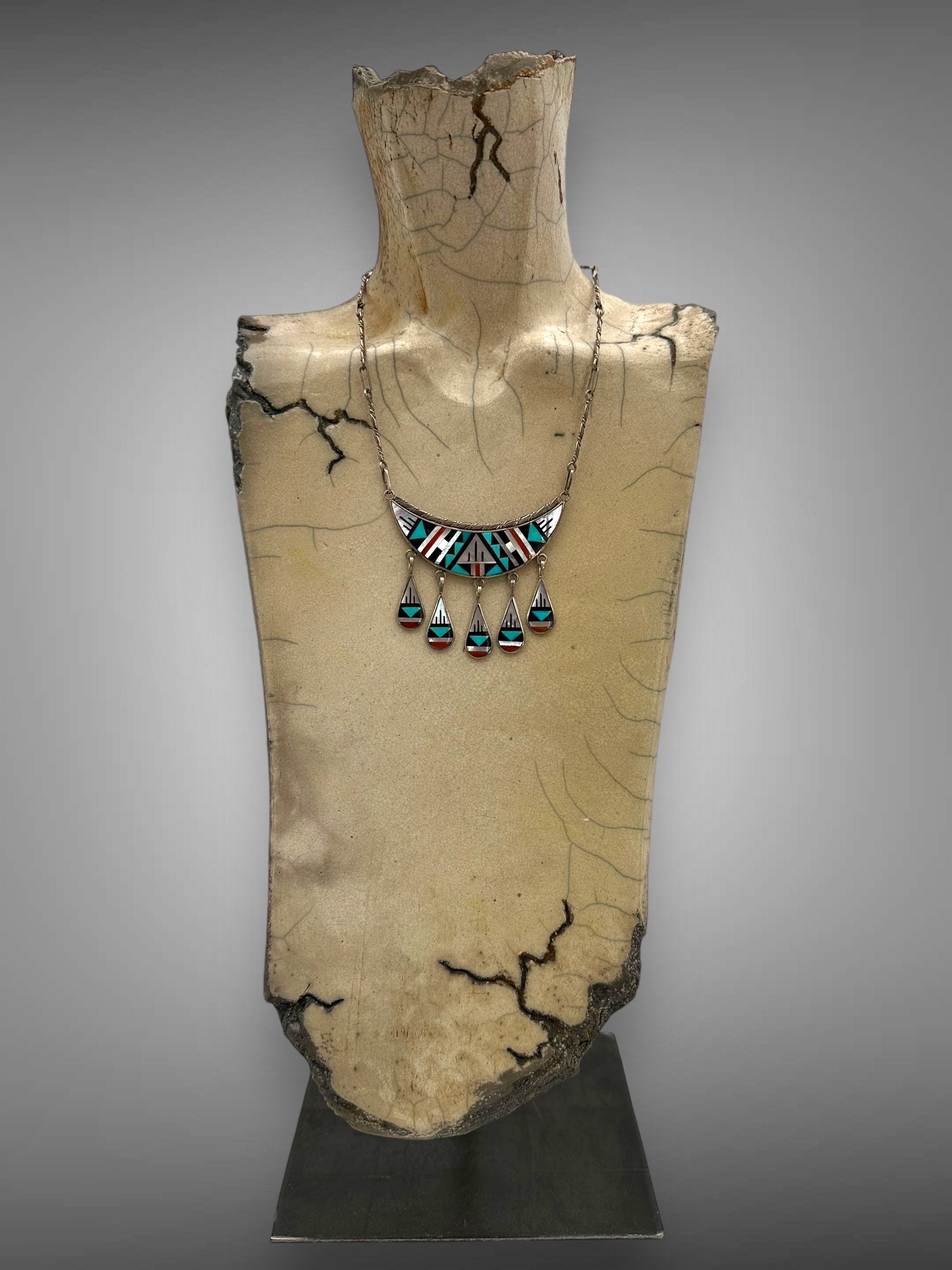 Vintage Zuni Necklace Native American Sterling Silver Inlaid