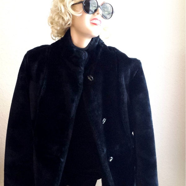 Vintage Faux Fur Coat Jacket Black Mad Men Rockabilly Style Car Coat