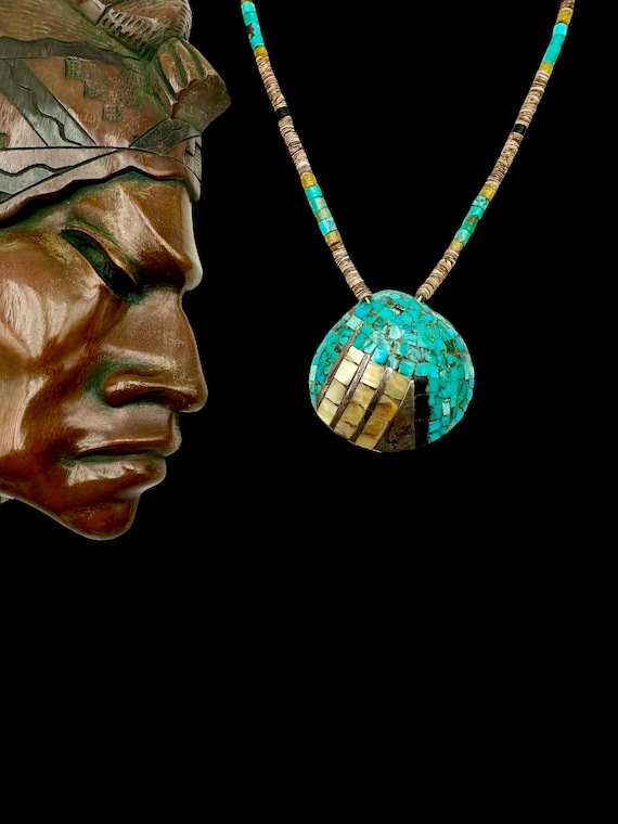 Native American Fabulous Vintage Santo Domingo Inlay Turquoise Jet Shell Pendant Native American Fabulous Vintage Santo Domingo Inlay Turquoise Jet Shell Pendant