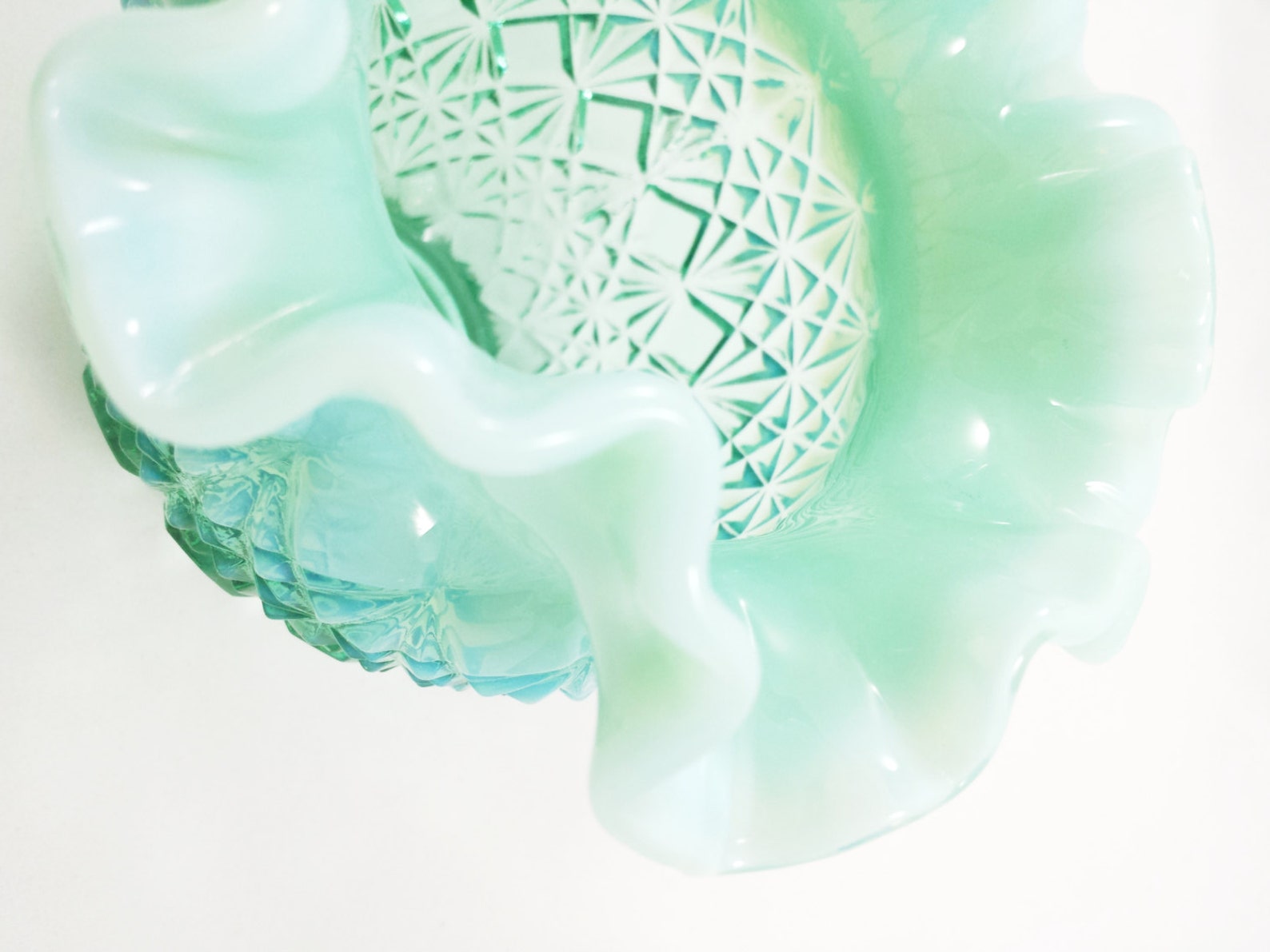 Vintage FENTON Rose Bowl Dish Opalescent Green Ruffled Edge Etsy