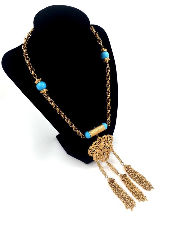Vintage ACCESSOCRAFT NYC Necklace Turquoise Art Glass Tassel